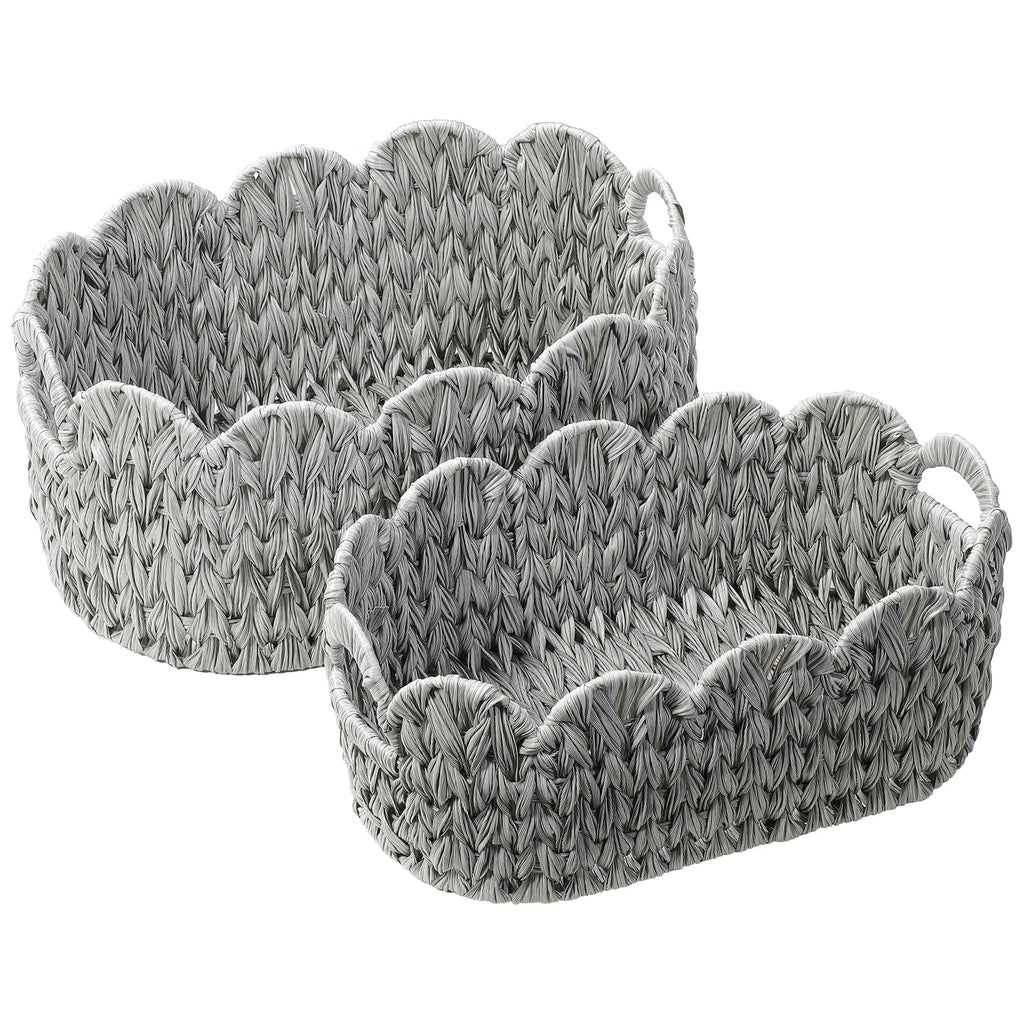 Set of 2 Scalloped Baskets, Small Wicker Baskets for Gifts, Grey