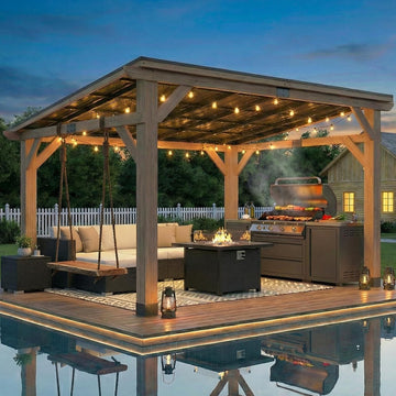 Cedar Wood Gazebo 10' x 12',Wooden Grill Gazebo with Sloped Galvanized Steel Roof,Permanent Hardtop Patio Pavilion