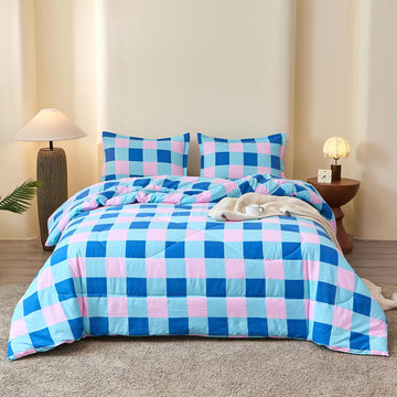 Checkered Comforter Set, Blue and Pink Plaid Comforter Bedding Set, Grid Gingham Fluffy Comforter Home Decor