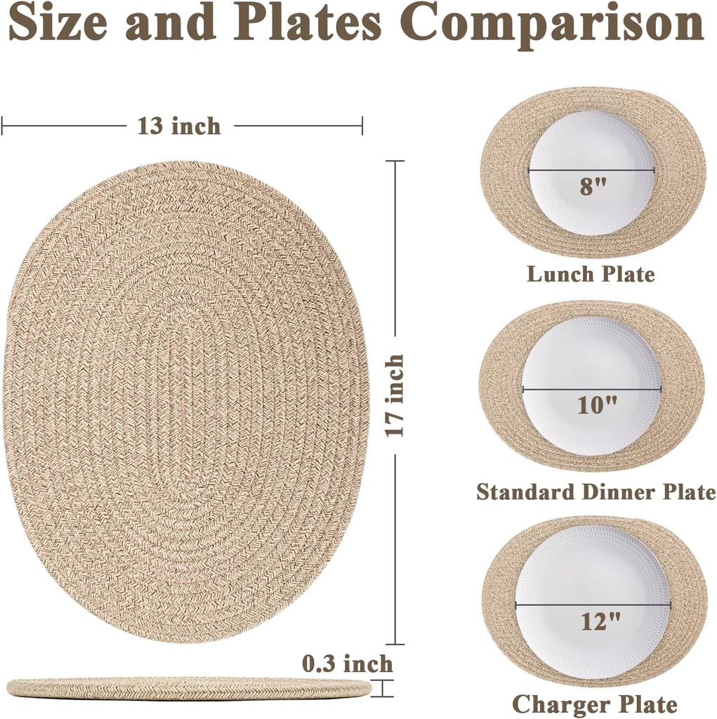 Oval Woven Cotton Placemats, Thick Braided Rope Table Mats, 17 x 13 Inches Large Non Slip Heat Resistant - Set of 6