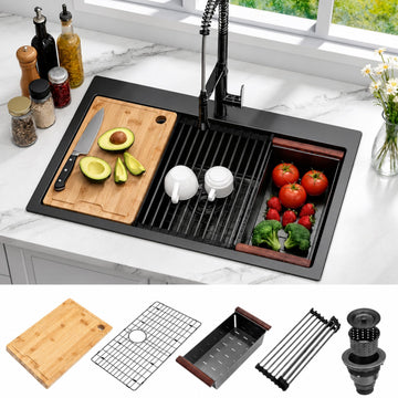 33x22 Black, 16 Gauge Stainless Steel Drop In Workstation Sink