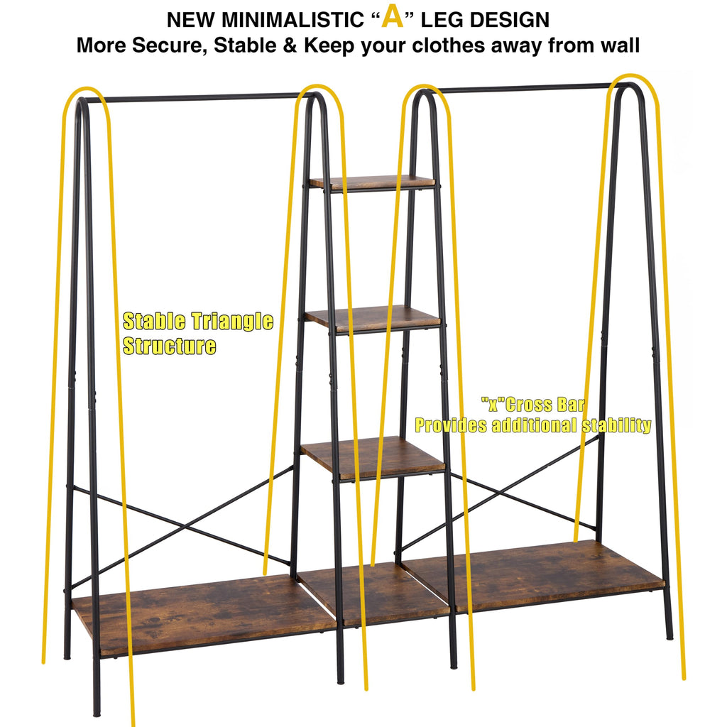 Clothes Rack for Hanging Clothes Freestanding Clothing Rack with 6 Wood Storage Shelves & 2 Rods Heavy Duty Garment