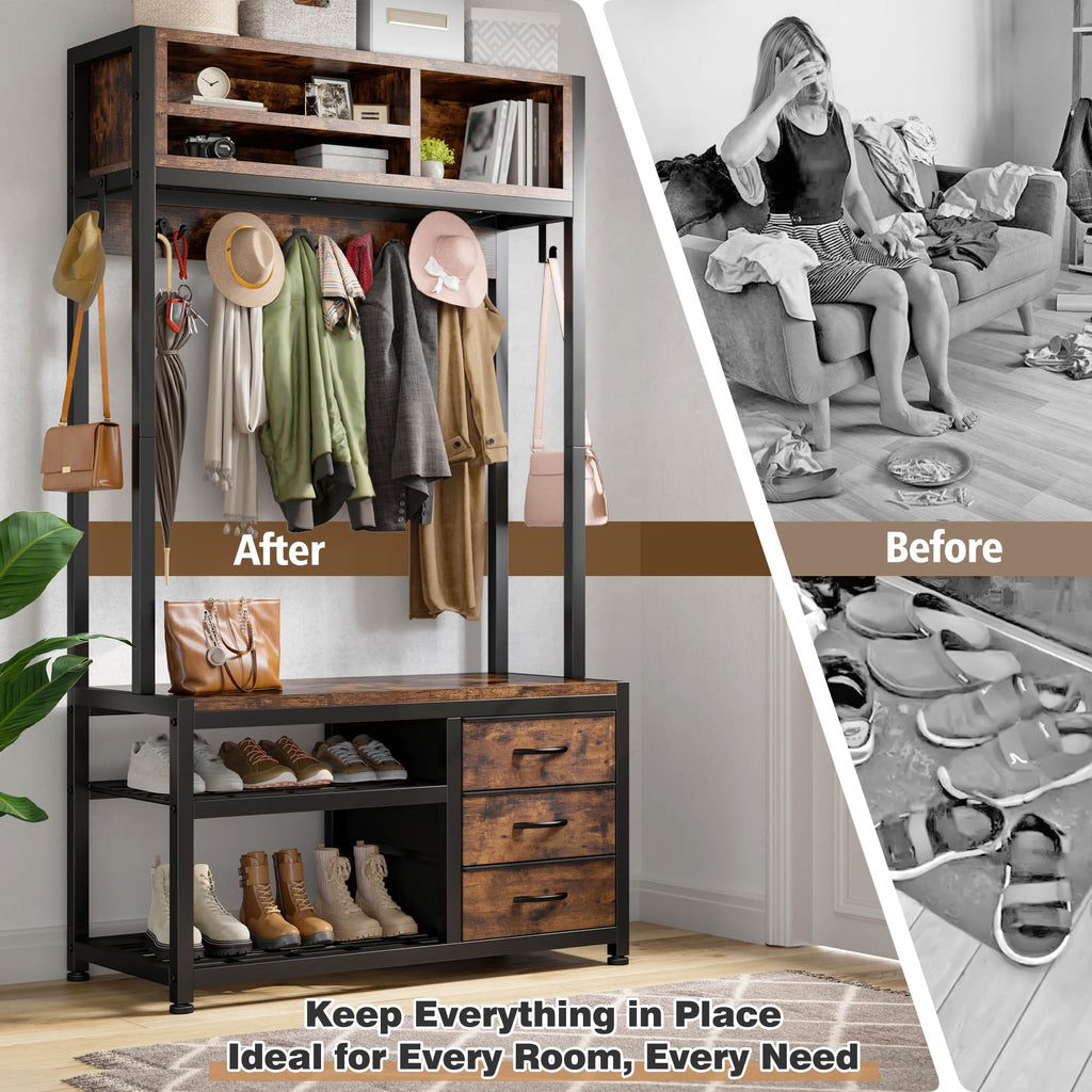 Hall Tree with Bench and Shoe Storage, 31.5" Entryway Cabinet