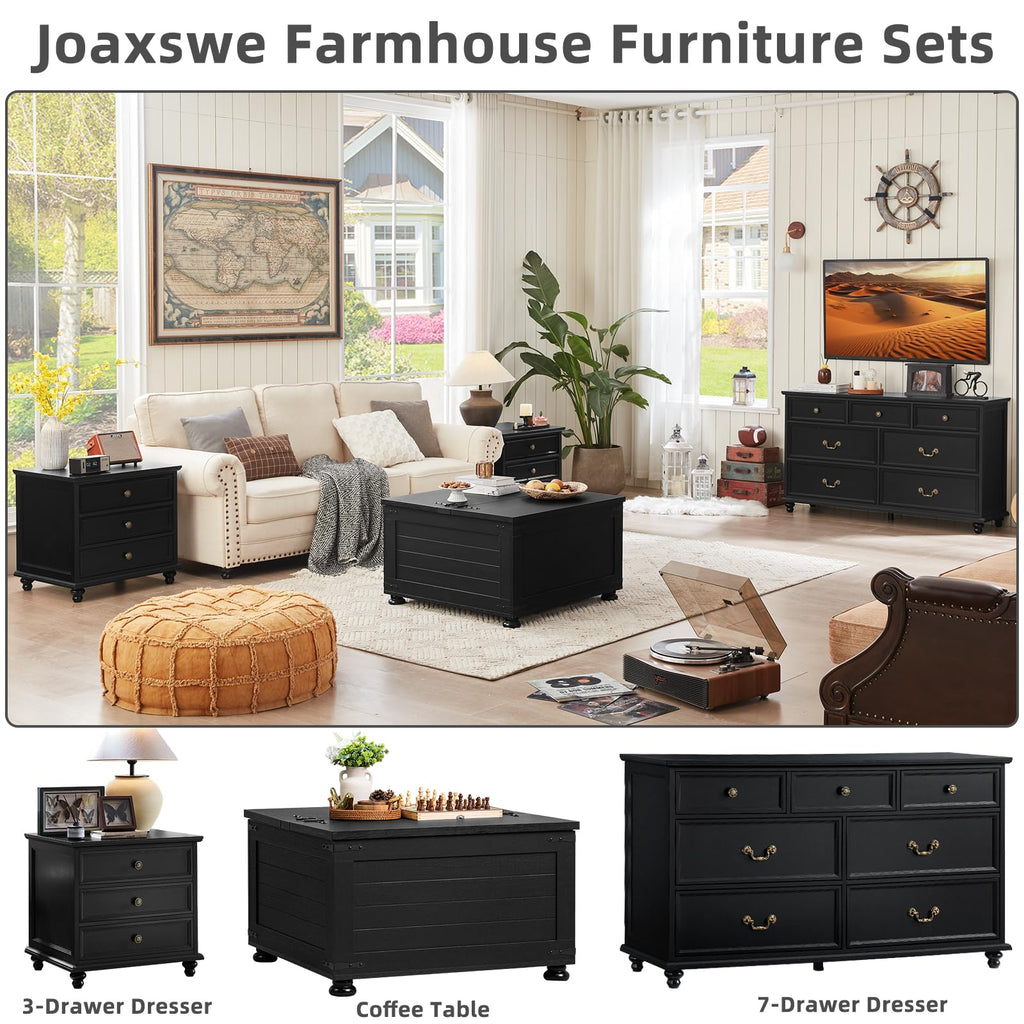 24" Wide Farmhouse Night Stand Set of 2, Large End Table with 3 Drawers & Metal Handle, Wood Cabinet, Bed Side Table