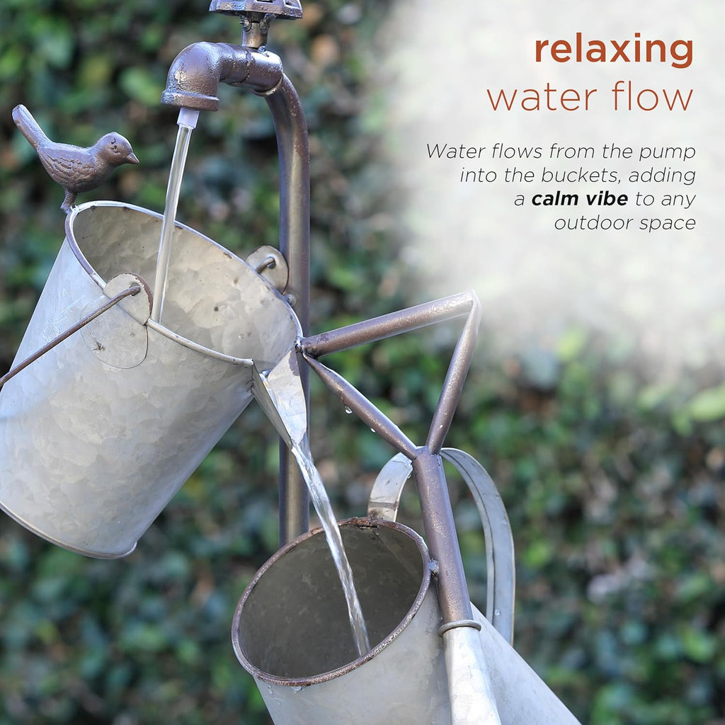 Outdoor Floor 3-Tiered Metal Garden Tools Water Fountain, Tools and Faucet Waterfall, 28", Gray
