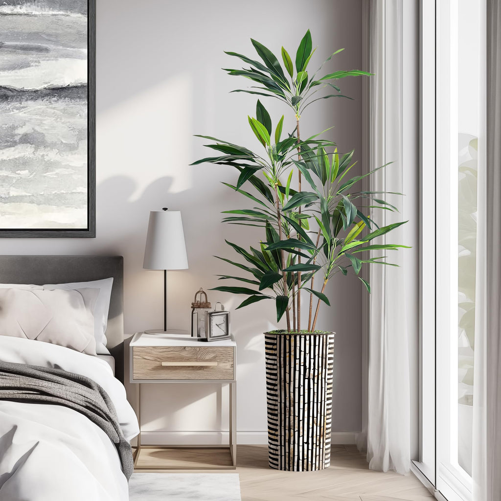 Tree in Black and Brown Striped Planter, Fake Dracaena Tree Silk Tree for Indoor and Outdoor Home Decoration - 66"
