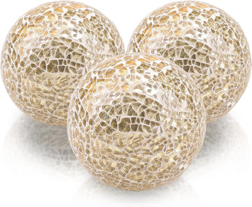 Gold Decorative Balls for Bowls 3.35inch Mosaic Glass Sphere - Set of 3