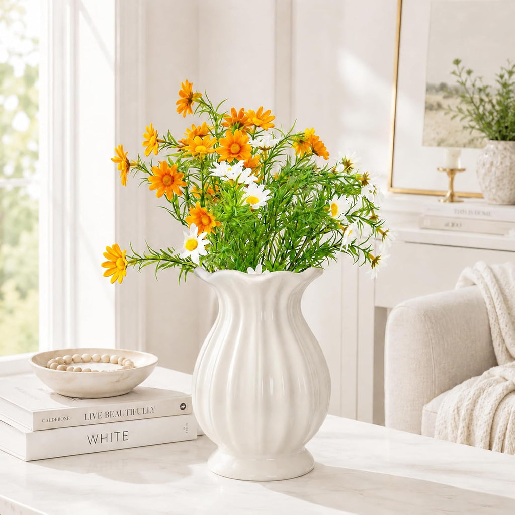 White Ceramic Vase, 7.8 Inch Farmhouse Flower Vase