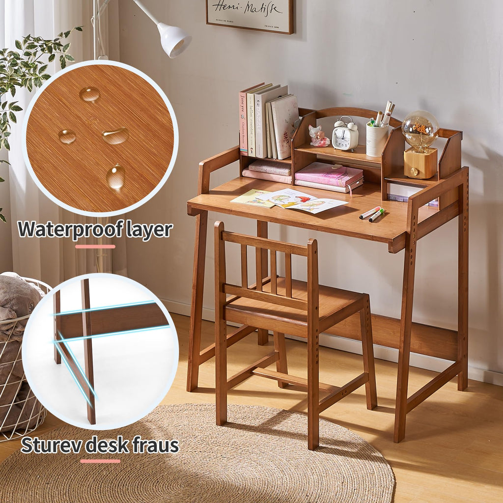 Kids Desk and Chair Set, Height Adjustable Bamboo Study Desk