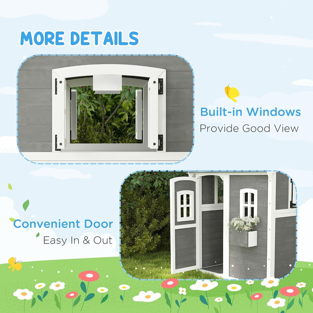 50x50x72in Kids' Outdoor Wooden Playhouse Includes Two Doors Two Windows Safety Floor PlanterBox for Children Ages 3