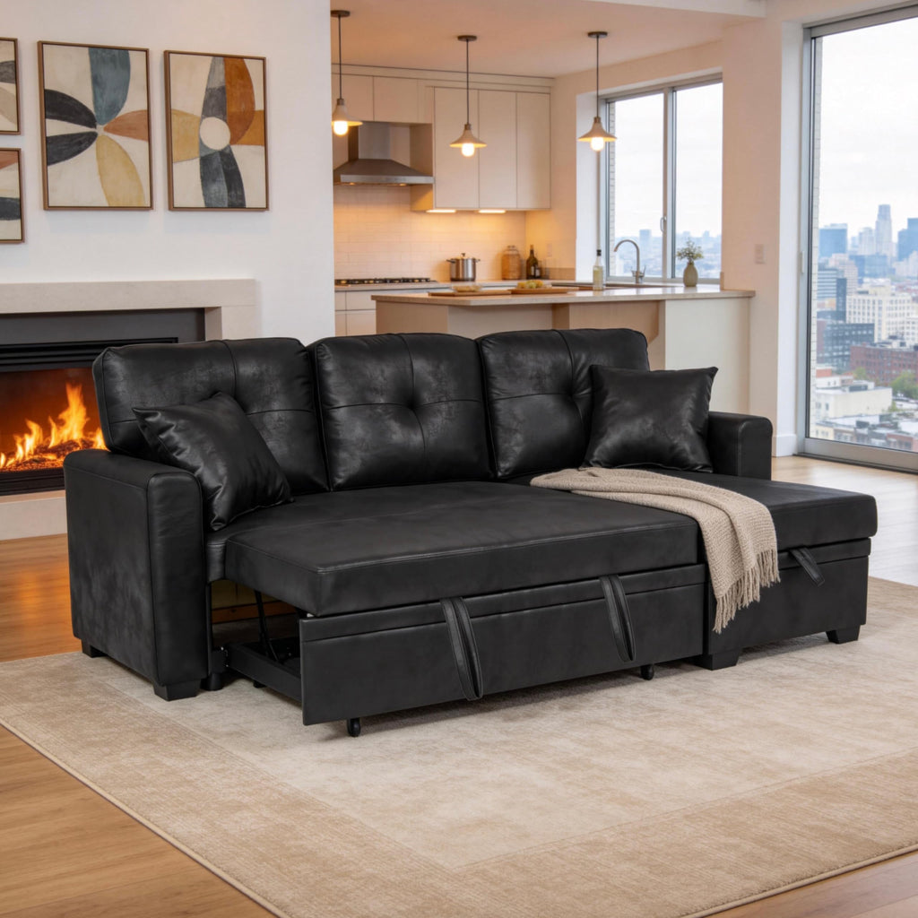 71" Sectional Sleeper Sofa with Pull Out Bed, L Shaped Sleeper Sofa with Reversible Chaise, 3 Seater Modular