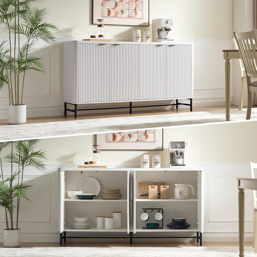 65" Buffet Cabinet with Storage, Fluted Credenza Sideboard with 4 Doors & Adjustable Shelves