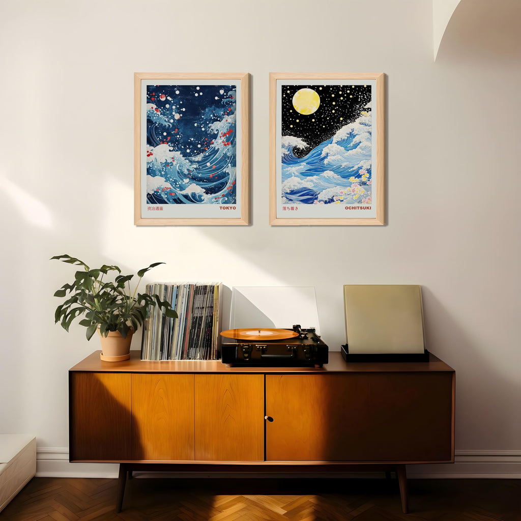 Framed Japanese Great Wave Wall Art Sakura Ocean Ukiyo-e Canvas Print