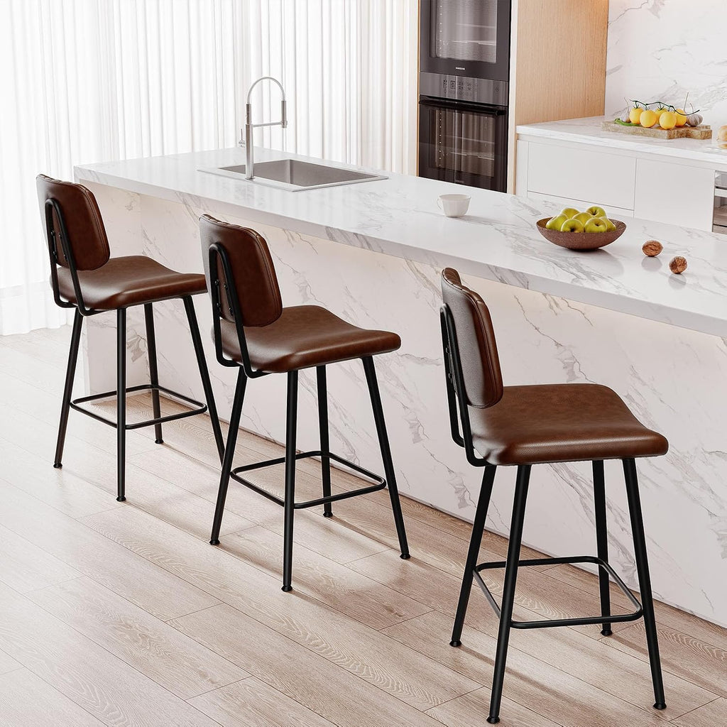 24-Inch Leather Bar Stools Set of 3, Counter Height Barstools with High Backrest，Bar Chairs Island with Heavy Duty