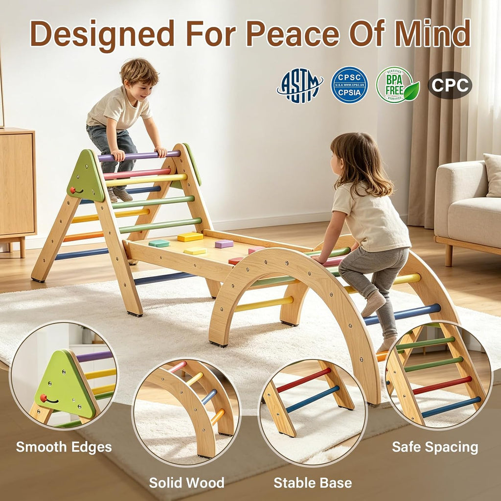 Foldable Pikler Triangle Climbing Set Wooden 7 in 1 Montessori Climber Toys for Toddlers 1-3 Baby Jungle Gym Indoor