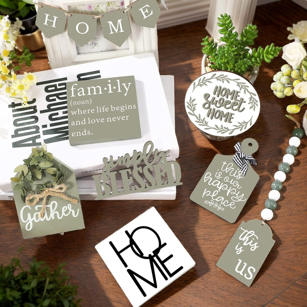 Farmhouse Tiered Tray Decor Set - Rustic Wooden Mini Signs and Decorations and Kitchen Display (Tiered Tray Not - Set of 11