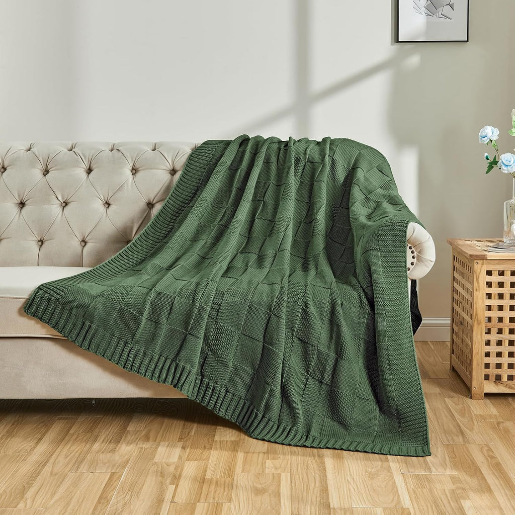 Christmas Green Knitted Checkered Throw Blanket 50"X60"
