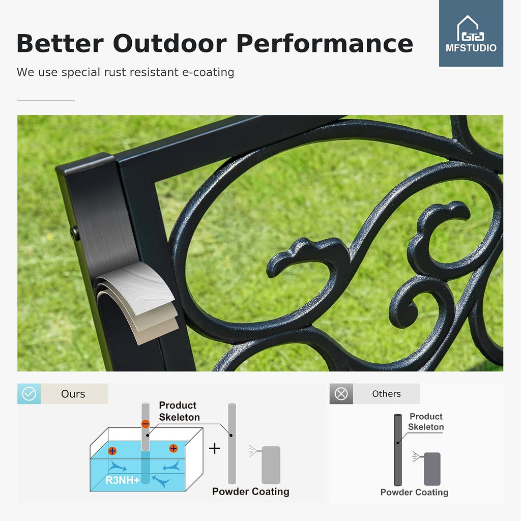 50 Inches Outdoor Garden Bench Cast Iron Metal Frame, Floral Black | E-Coating Anti-Rust Finish, Weatherproof Outdoor