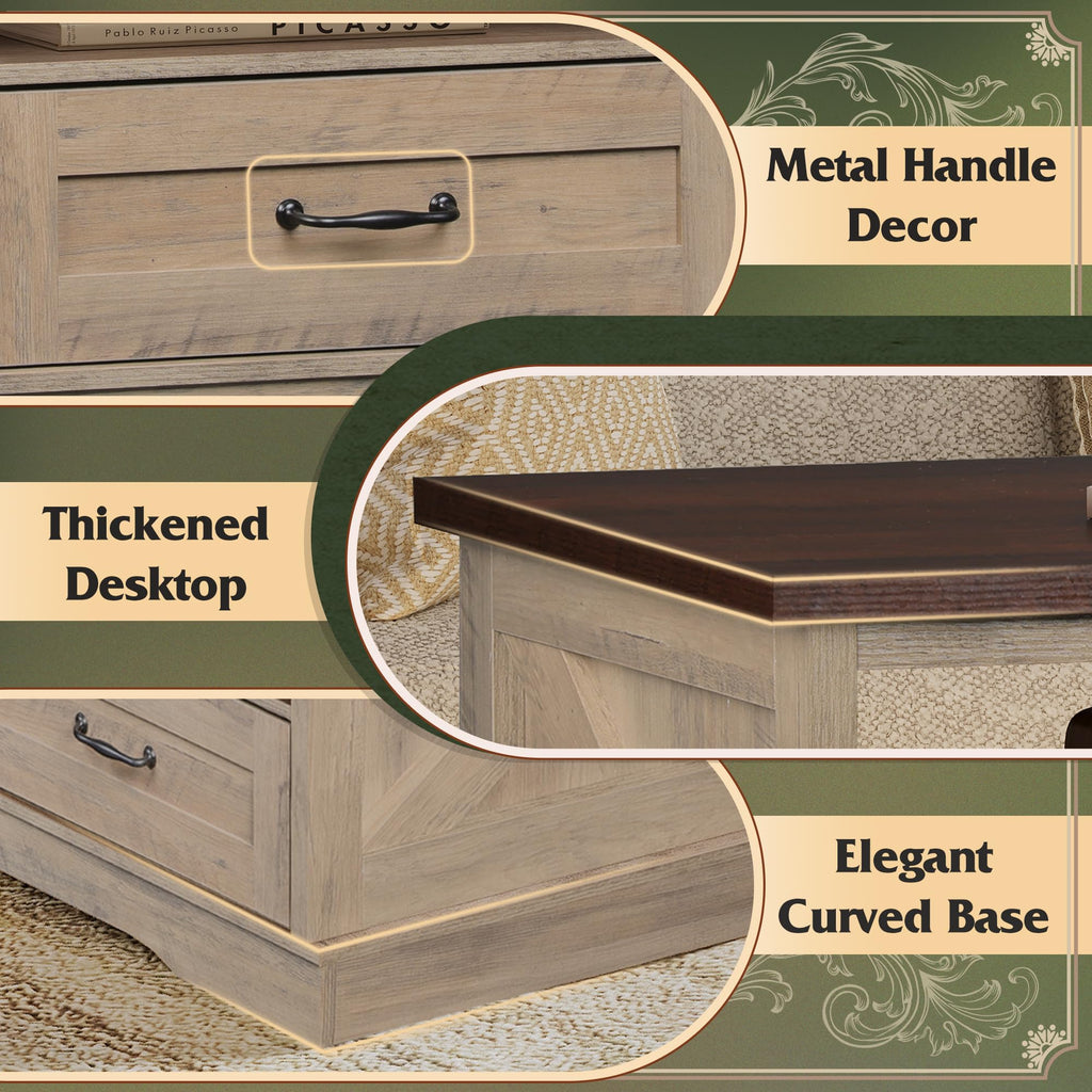 43" Coffee Table, Farmhouse Center Table with 2 Drawers, Grey