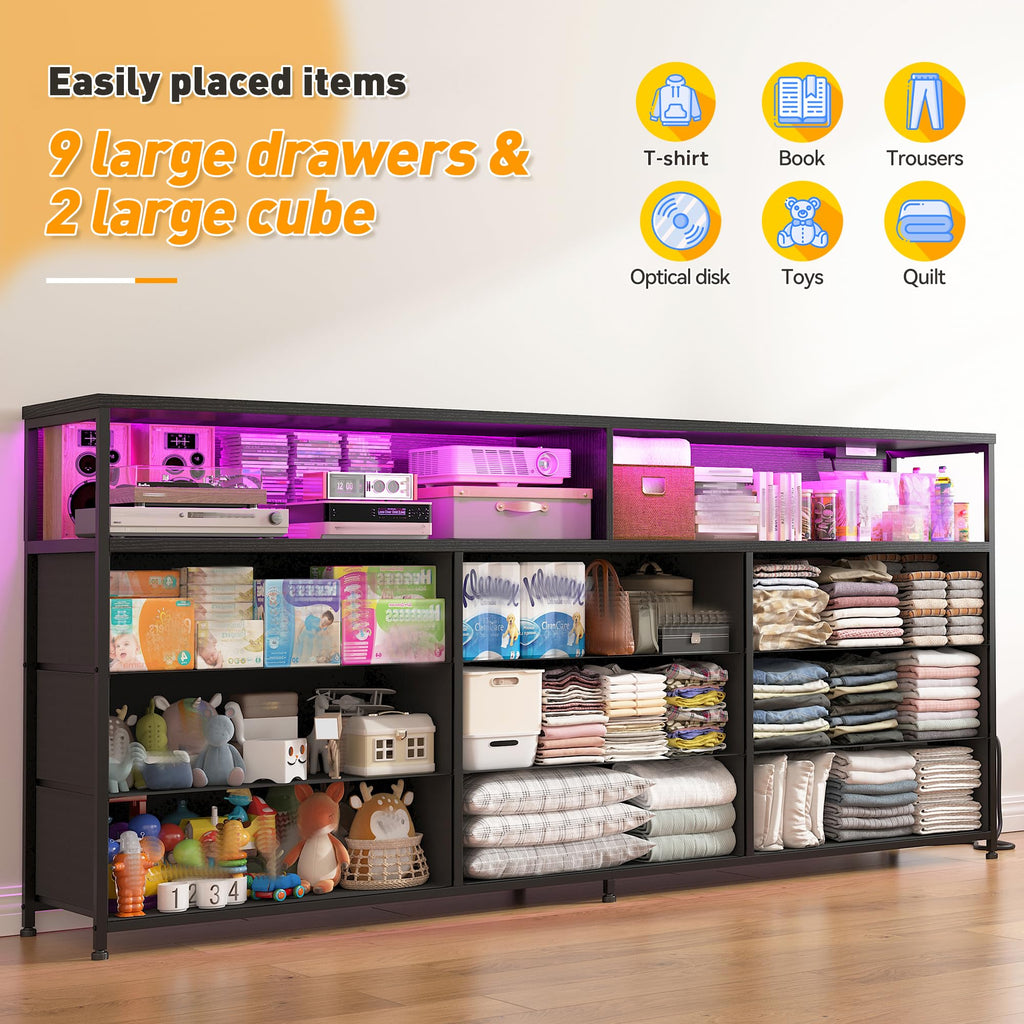 55" W Dresser with Charging Station & LED Light, Black