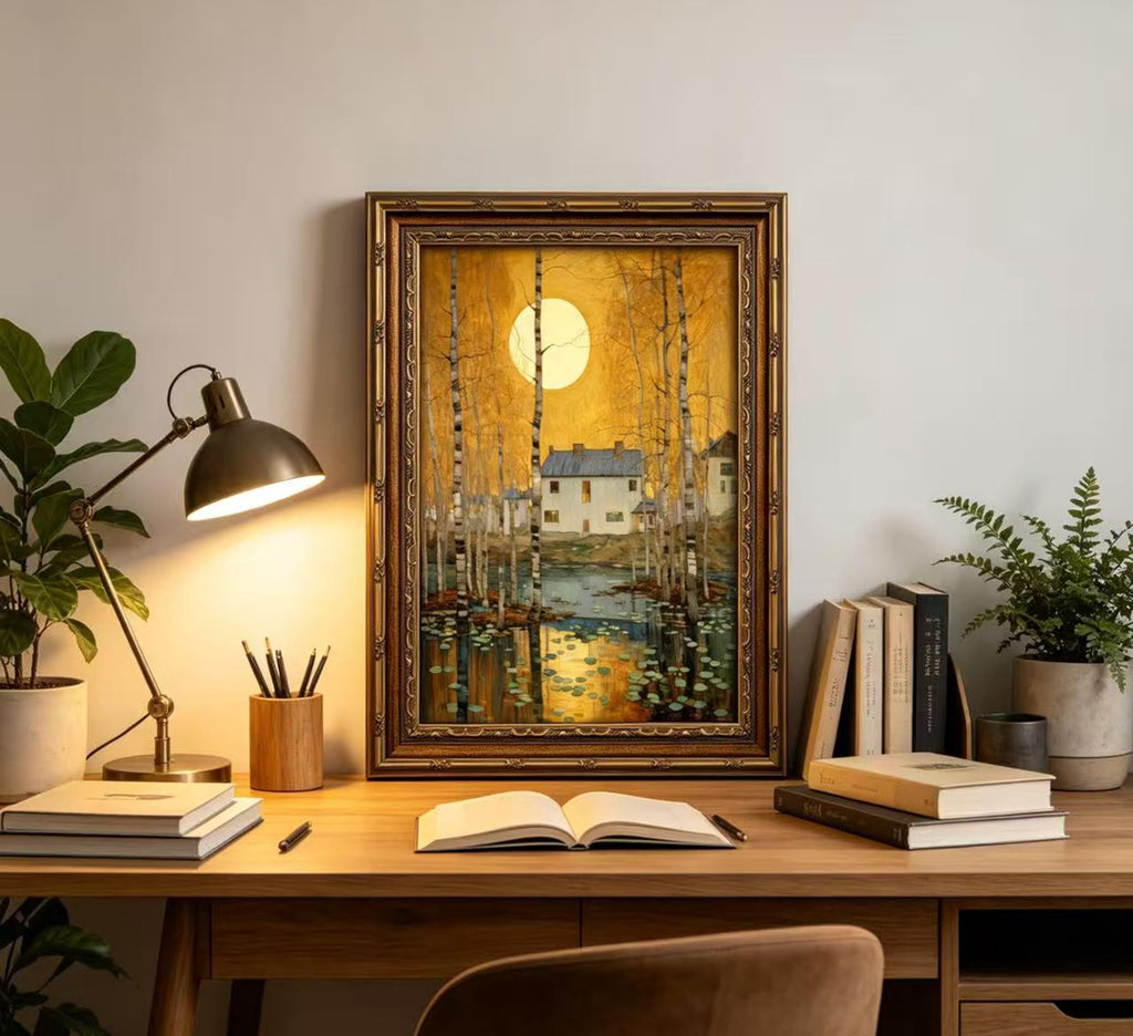 Vintage Gold Framed Minimalist Moon Canvas Wall Art, Retro Celestial Neutral Tone Textured Poster Artwork, Warm Tone