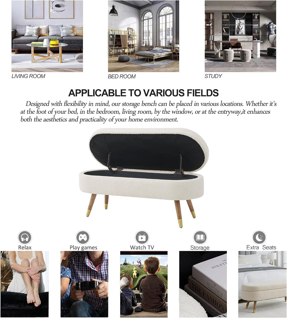 Oval Storage Bench 43.5" Ottoman Bench Upholstered Boucle Fabric Footrest Bench with Golden Metal Legs End of Bed
