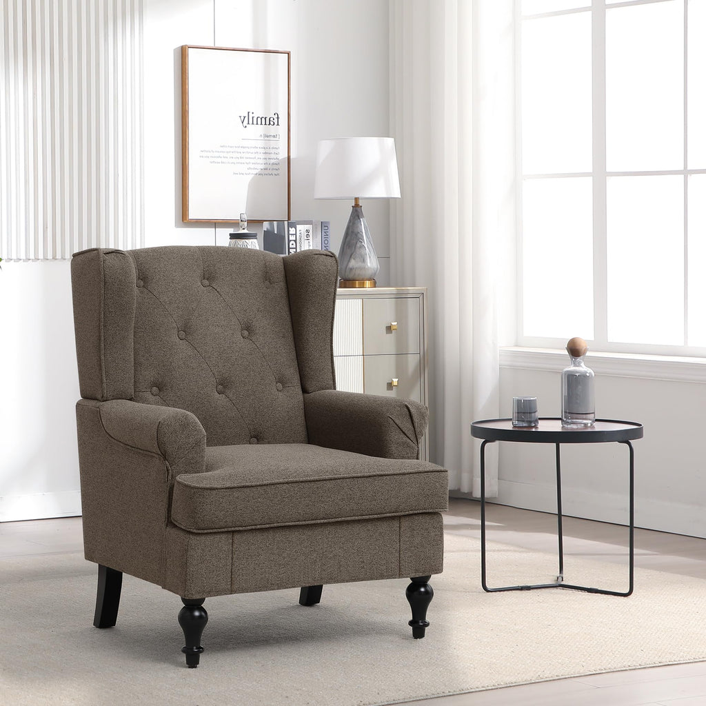 Accent Chair, Mid Century Modern Upholstered Wingback Chair, Armchair with Tufted High Back and Solid Legs, Comfy