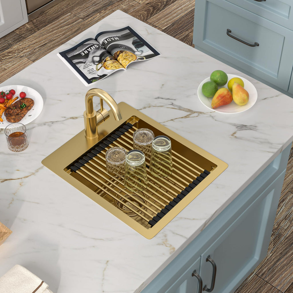 15"x18" Gold Bar Prep Sink Drop In Top Mount Workstation