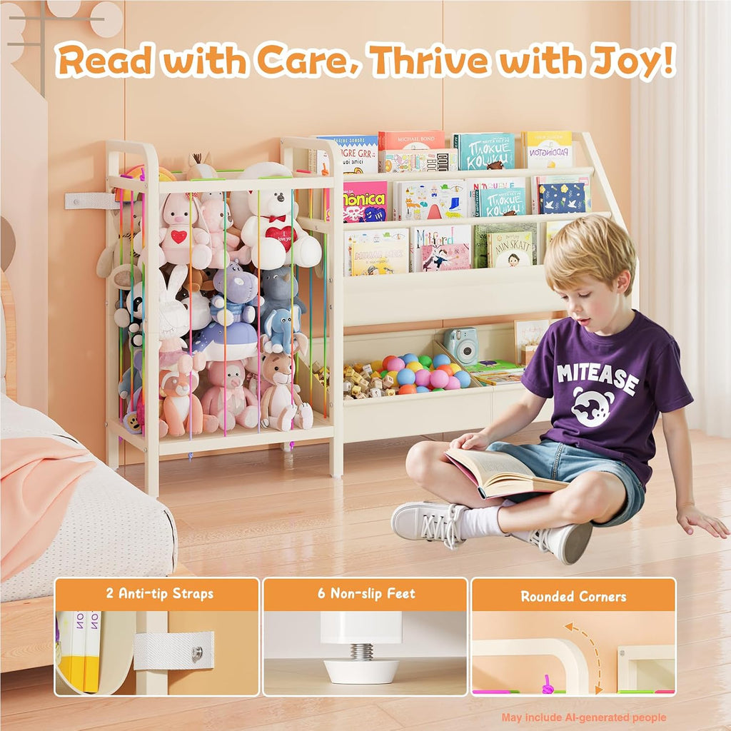 B5 Kids Bookshelf and Toy Storage, Book Shelf for Kids Rooms White | Sling Toddler Book Shelves with Stuffed Animal