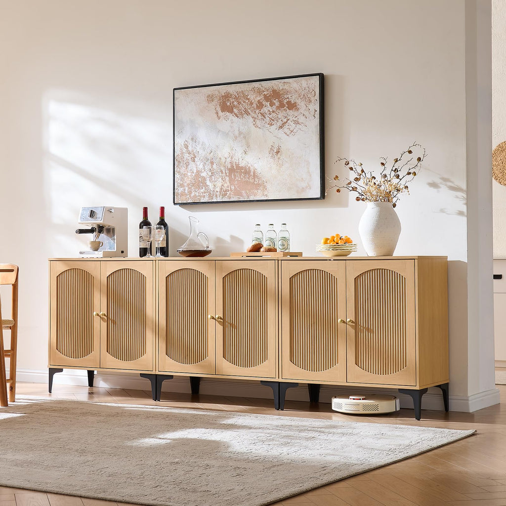 123.6" W Fluted Arched Buffet Cabinet with Storage, Natural Oak