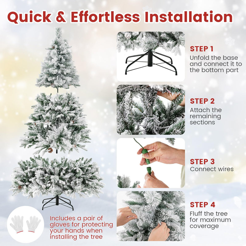 7ft Pre-Lit Snow Flocked Christmas Tree, Artificial Hinged Xmas Tree with 320 Multi-Color LED Lights, 8 Lighting