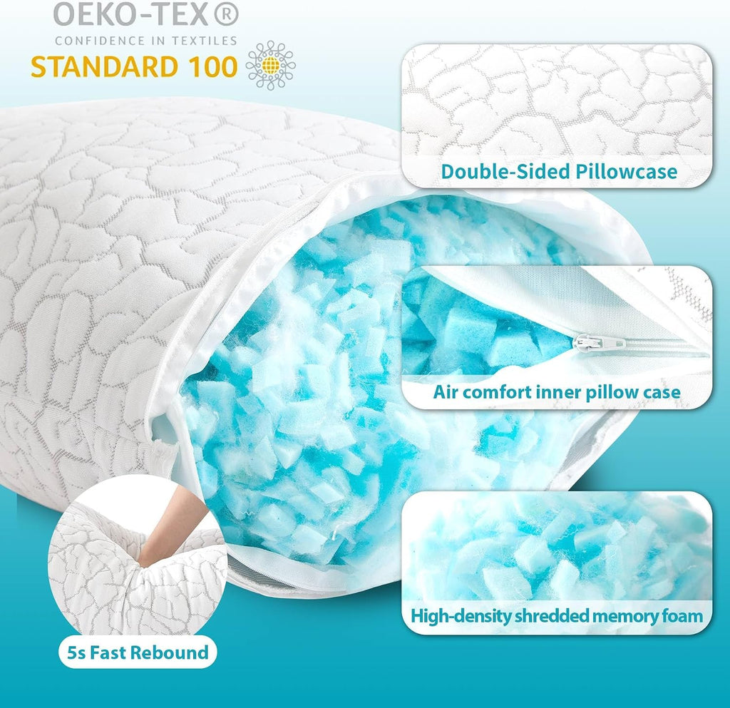 Cooling Pillows King Size Set of 2, Shredded Memory Foam | Adjustable for Hot Sleepers, Cold Pillows, Firm Bed