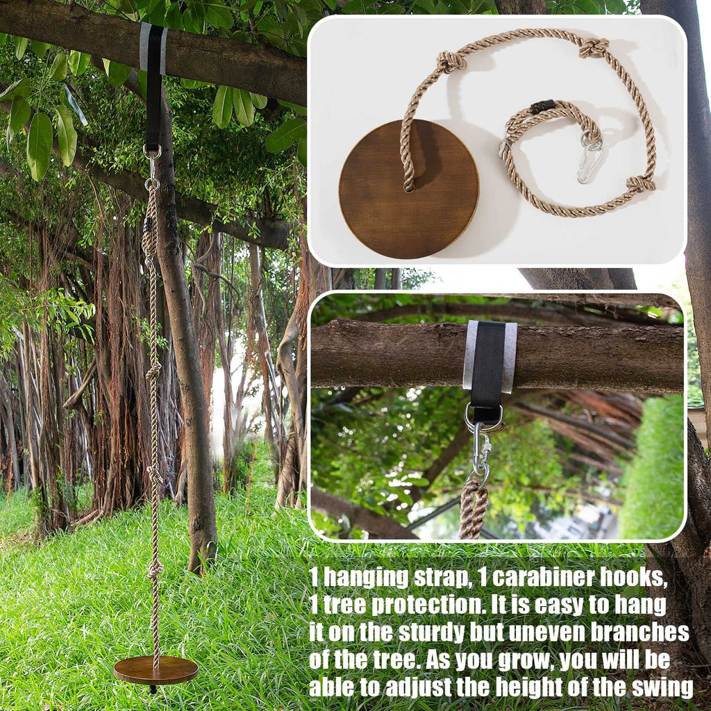 Wooden Round Disc Rope Swing 51"-73" Adjustable Climbing Rope Tree Swing with Hanging Strap Snap Hook and Felt