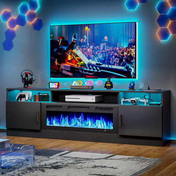 70" Fireplace TV Stand with Power Outlet for TVs UP to 80", Electric Fireplace Entertainment Center with LED Lights &
