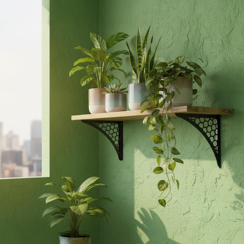 Wall Shelf with Wooden Top Black|White Iron Brackets Storage Rack|Industrial Wall-Mounted Floating Shelf (Black