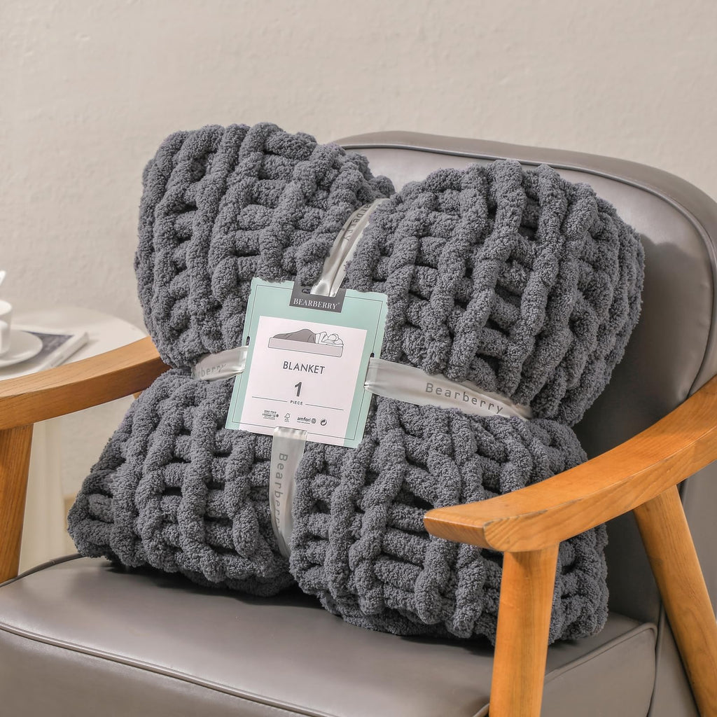 Chunky Knit Handmade Throw Blanket 60x80 Jumbo Chenille Dark Gray