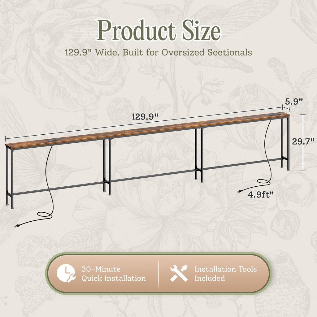 129.9 Inch Behind Couch Table with 2 Power Outlets and USB-C Ports, Extra Long Narrow Sofa Table for Sectional Sofa