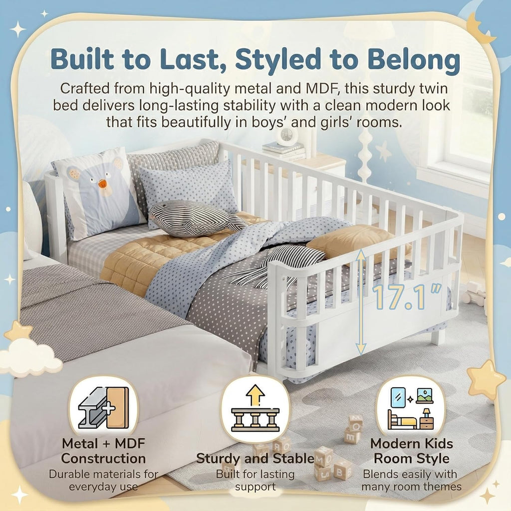 Kids Bed Frame with Rails, Low Profile Montessori-Style Metal Bed for Boys Girls Teens, Removable Side Rail, 3-Sided