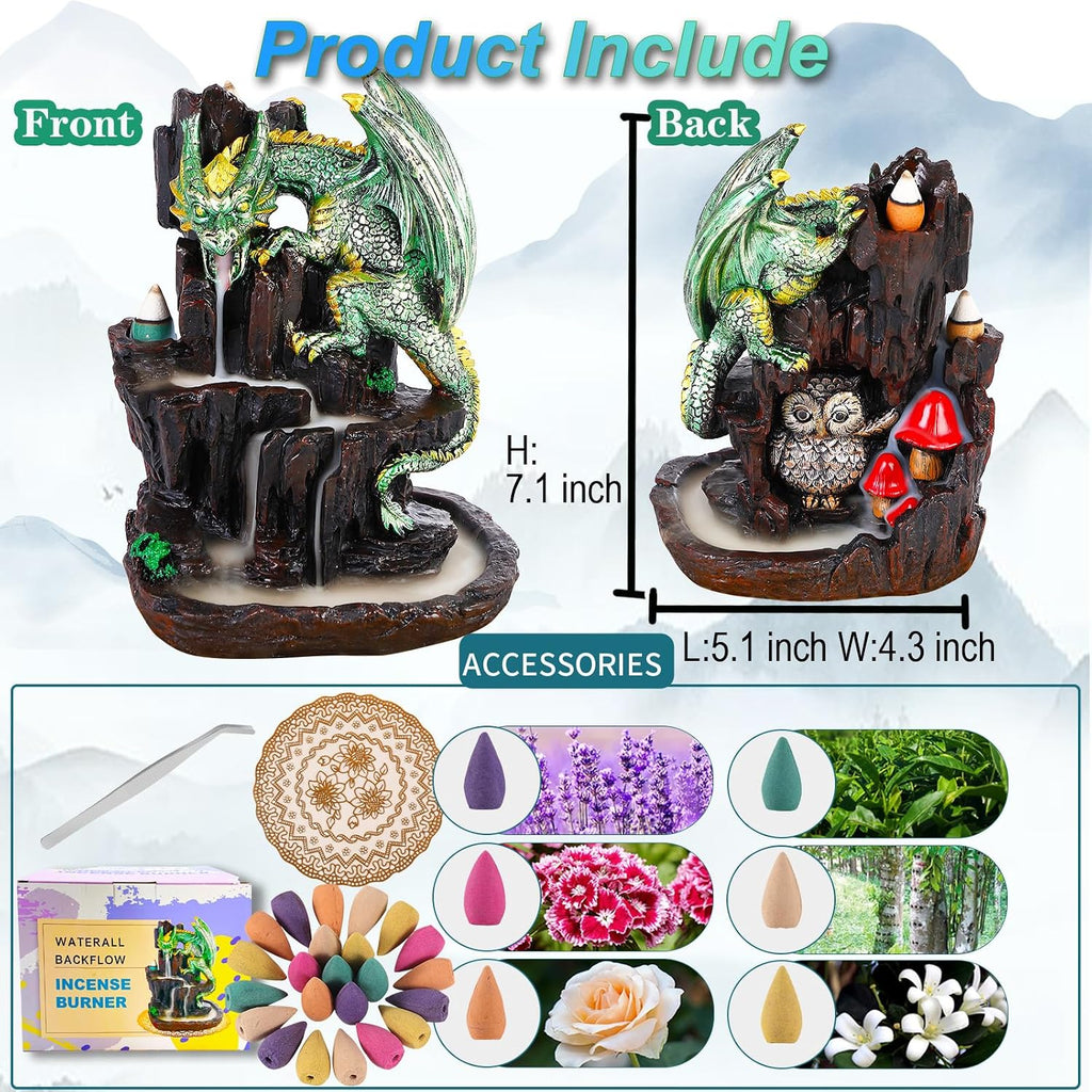 Dragon Backflow 2 Sided Mountain Waterfall Incense Burner,Fountain Smoke Incense Holder with Backflow Incense Cones