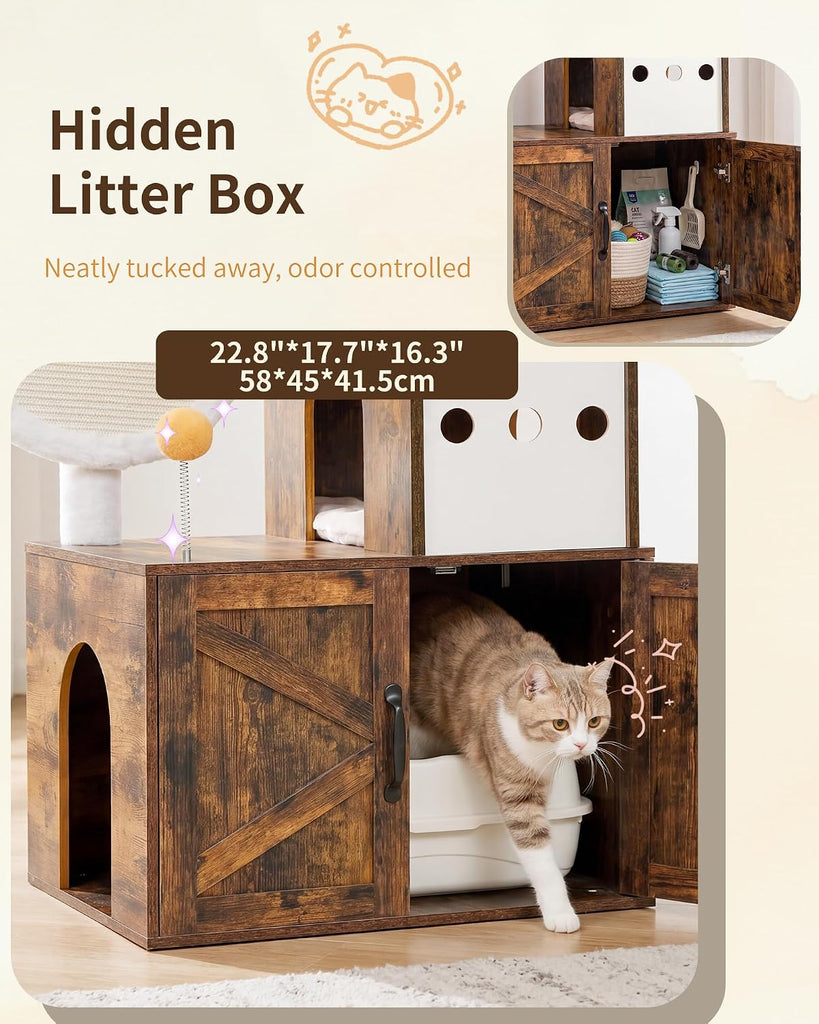 Cat Tree with Litter Box Enclosure, Modern 64" Hidden Tower