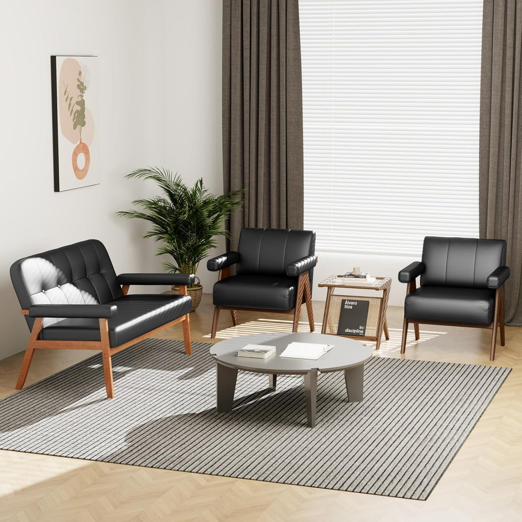 Faux Leather Accent Chairs, Wooden Arm Chairs (Black) - Set of 2