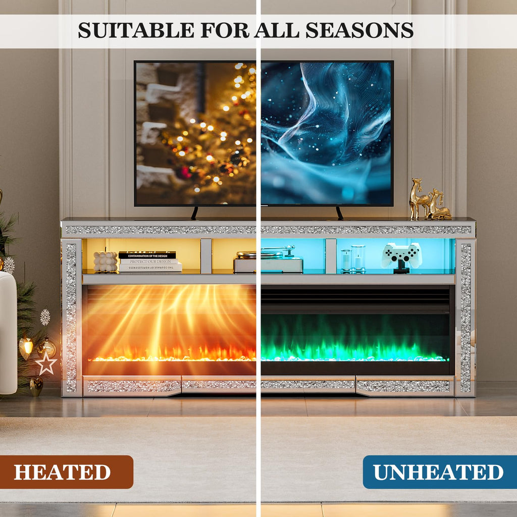 Mirrored Fireplace TV Stand for 65+ inch TV, Silver TV Console Table with Crushed Diamond and LED, Modern Media