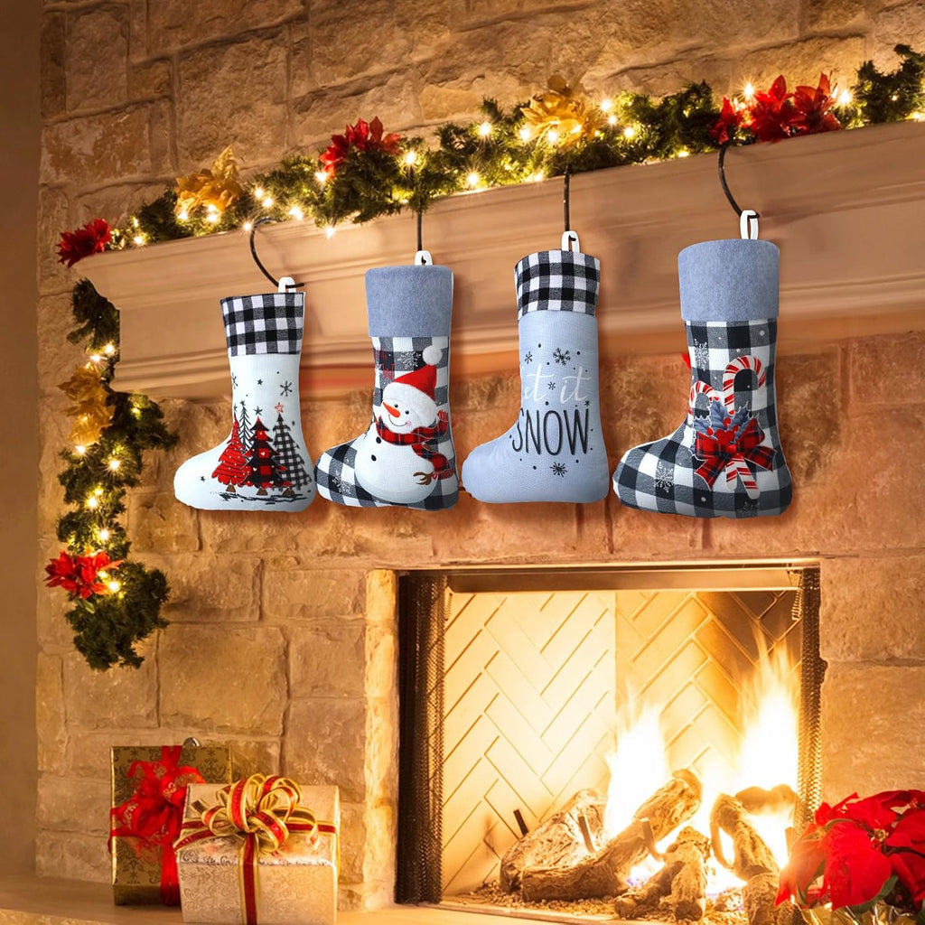 6 Pack Christmas Stockings Bulk 20" Large Embroidered Gray Burlap Buffalo Plaid Hanging Stockings Farmhouse Santa