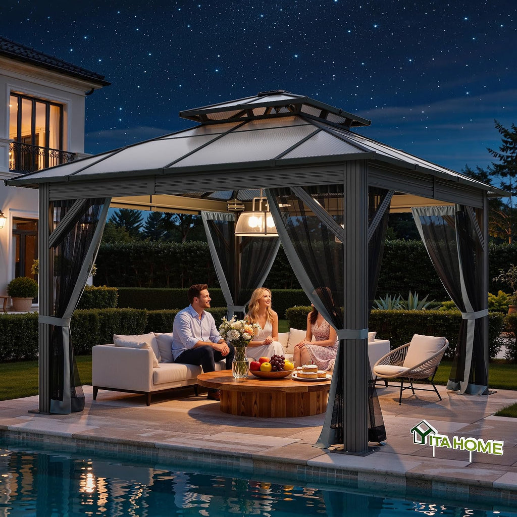 10x10FT Gazebo Polycarbonate Hardtop Double Roof Canopy Outdoor with Netting and Shaded Curtains