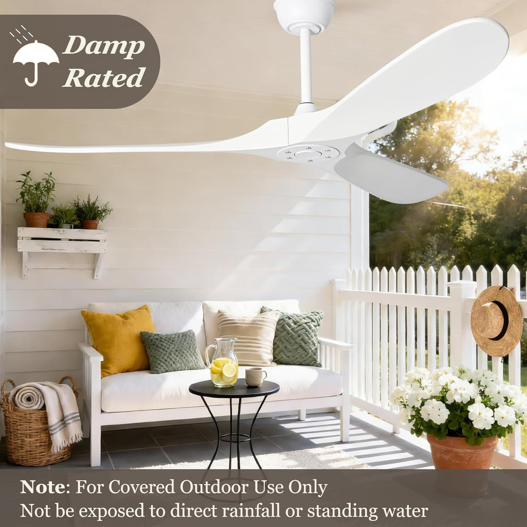Inspired Maverick Style 60 Inch White Wood Ceiling Fan - 3 Solid Wood Blades, Indoor/Outroom DC Motor Ceiling Fan with Remote Control, 6-Speed Reversible Quiet Operation, Timer Function, No Light, Damp Rated A102-B0CMTJK7L8
