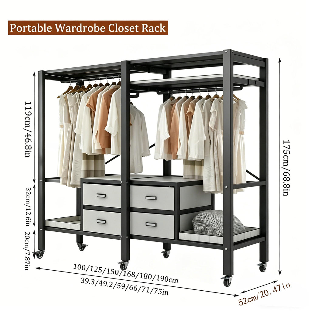 Heavy Duty Clothes Rack with Cover, Foldable Portable Wardrobe Closet with Drawers, Rolling Black Metal Garment Rack