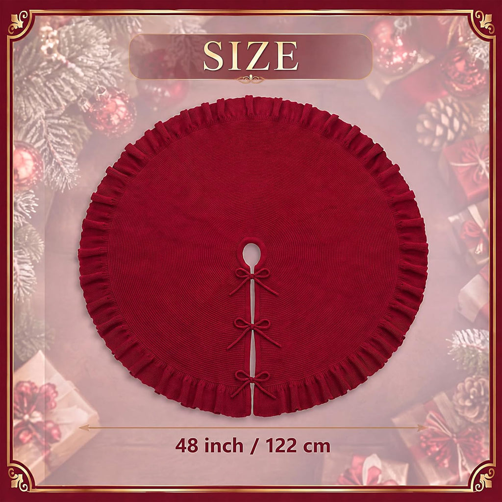 Burgundy Knit Christmas Tree Skirt with Ruffle, 48 Inch