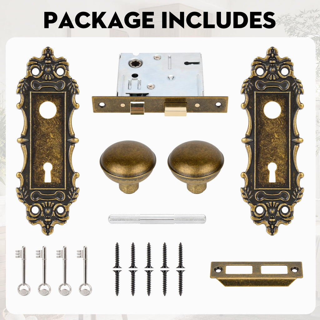 Mortise Lock Set for Interior Door, Antique Brass Door Knob with Lock and Skeleton Key, Antique Old Style Door Knob