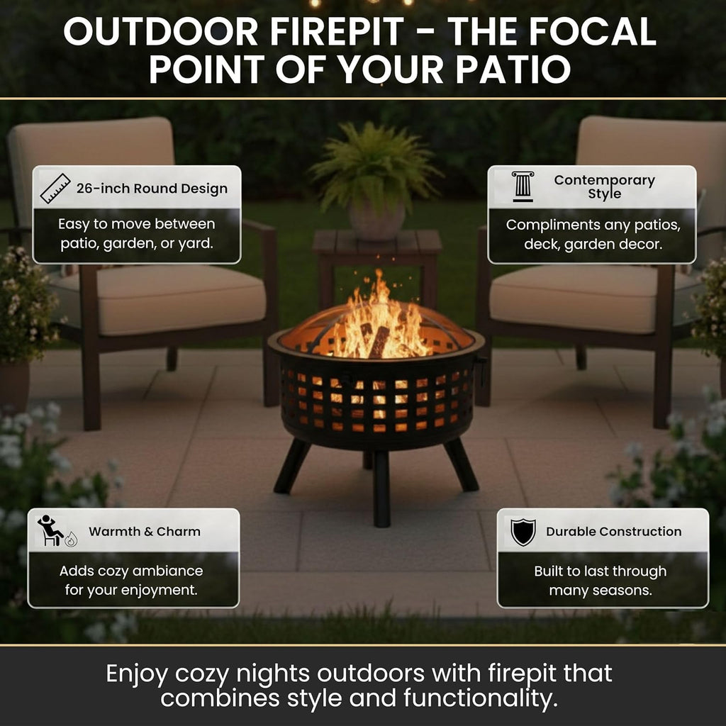 Outdoor Fire Pit - 26-Inch Round Lattice Wood Burning Firepit with Screen, Poker, Grate and Cover