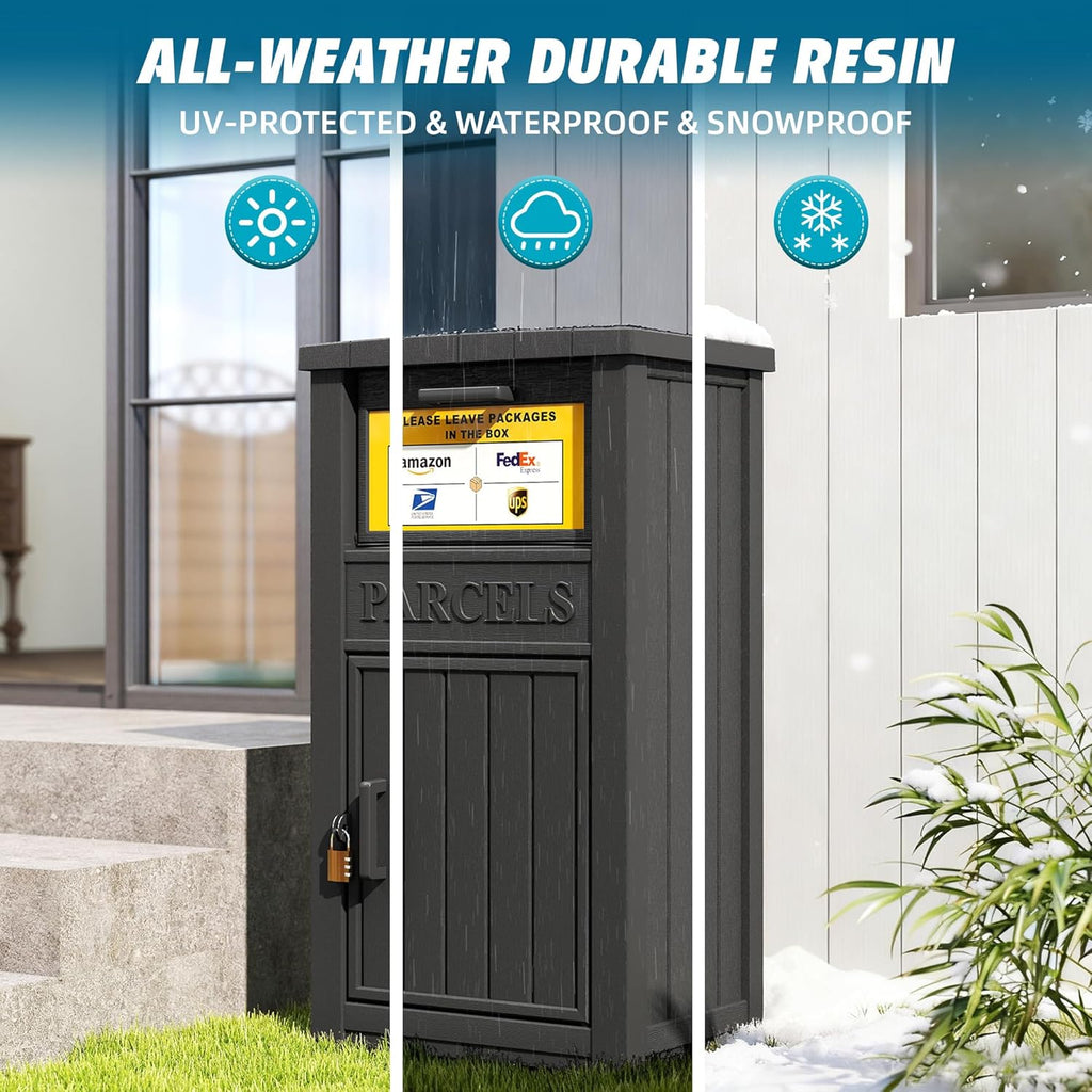 Package Delivery Box Secure, Waterproof Packages Drop Box Theft Parcel Drop Storage for Curbside, House, Black with Sign